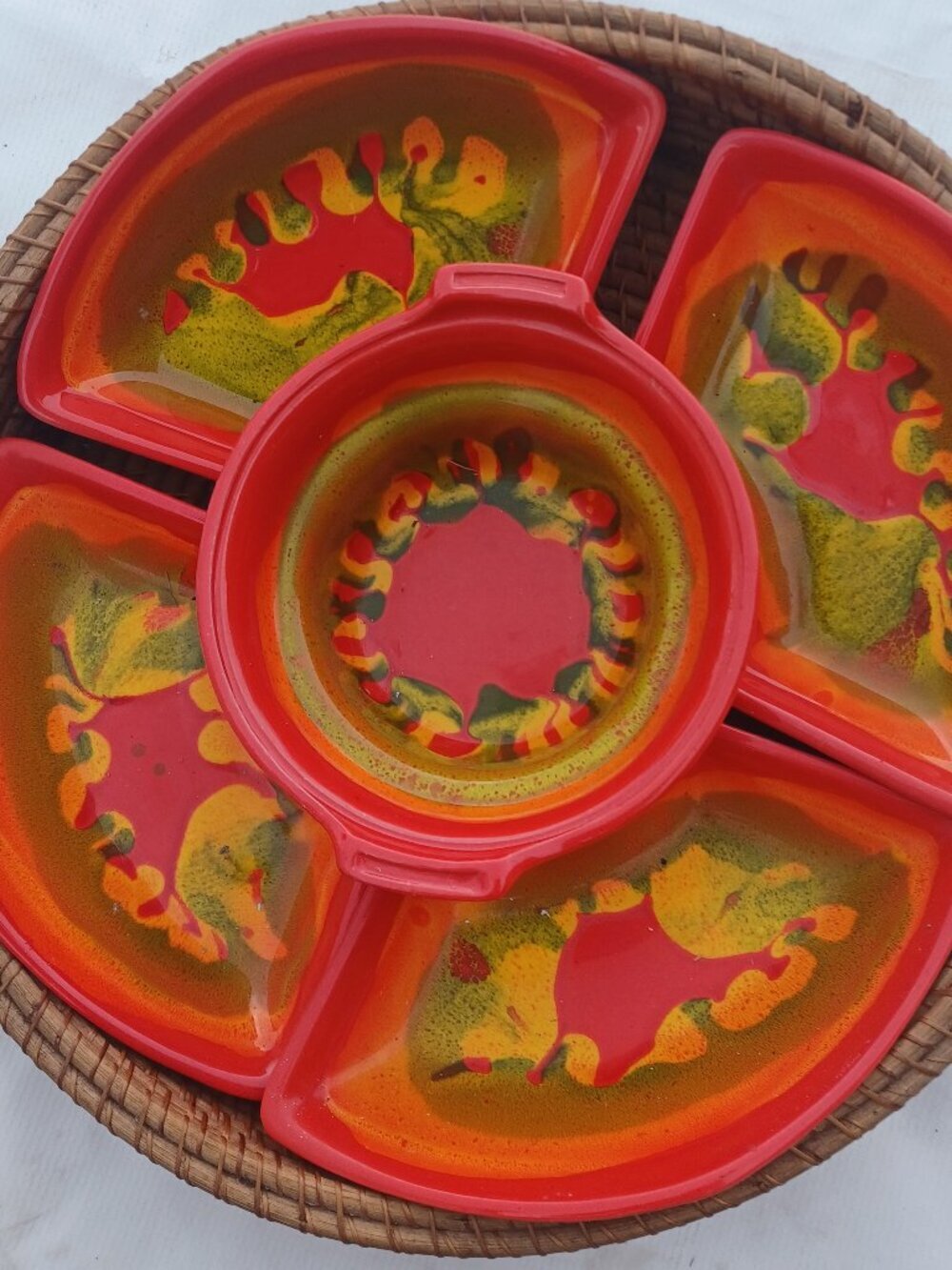 California Pottery dipping bowls with straw basket